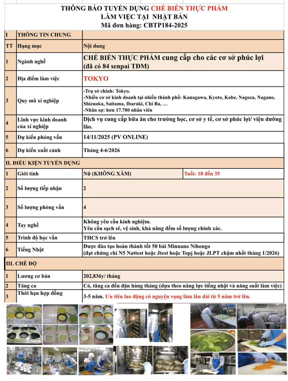 TUYỂN LAO ĐỘNG NỮ NGÀNH THỰC PHẨM LÀM VIỆC TẠI TOKYO