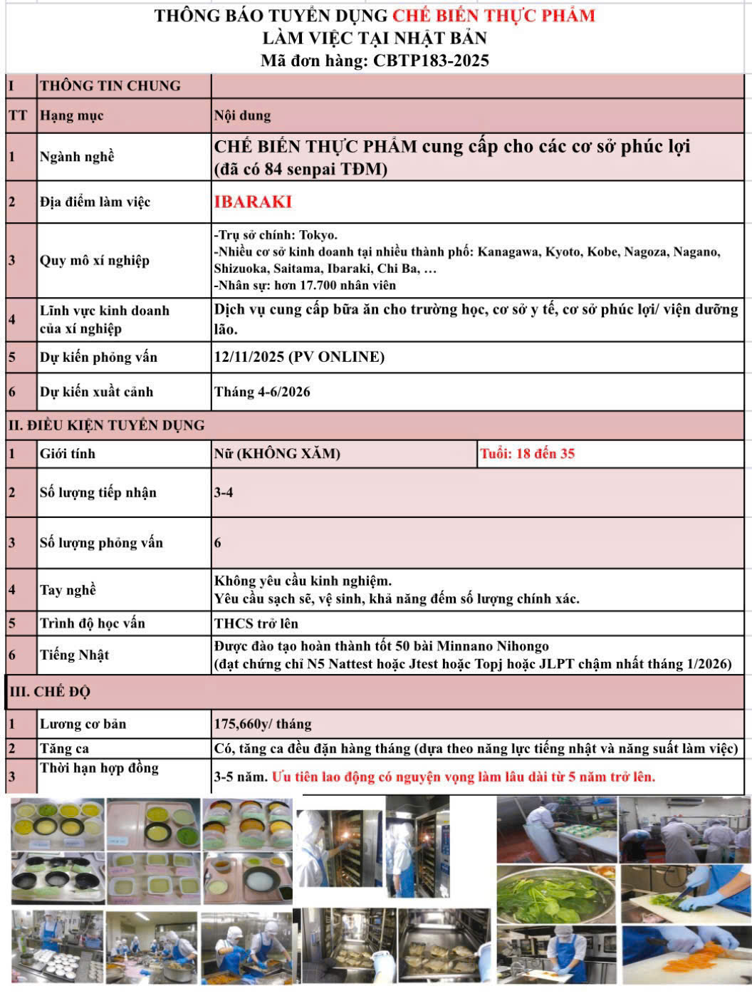 TUYỂN DỤNG LAO ĐỘNG NỮ NGÀNH CHẾ BIẾN THỰC PHẨM TẠI IBARAKI